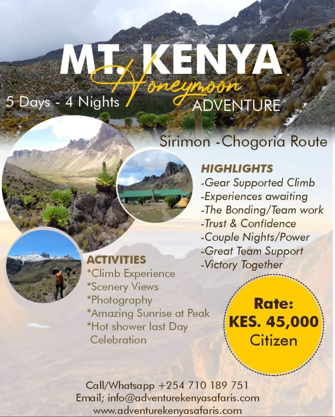 Mt Kenya Climbing Honeymoon package